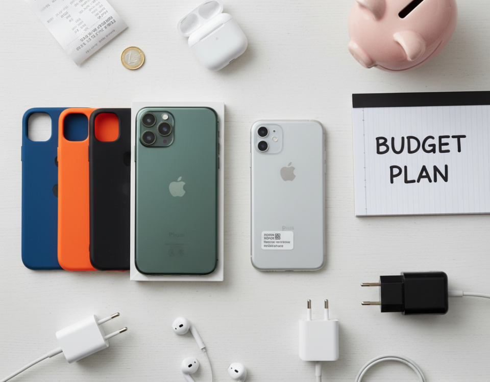 Flat-lay of iPhones (new, refurbished, and used) with accessories, a piggy bank, and a notepad labeled "Budget Plan," emphasizing choice and preparation.