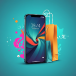 Illustration of an iPhone with shopping bags and a Brampton map, symbolizing iPhone shopping in Brampton.