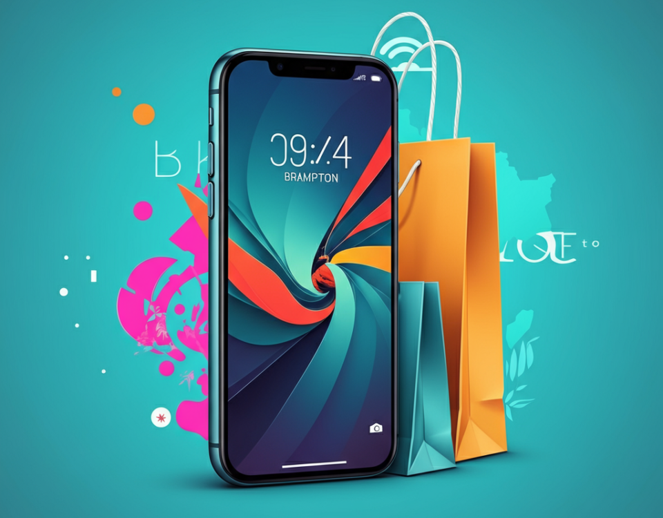 Illustration of an iPhone with shopping bags and a Brampton map, symbolizing iPhone shopping in Brampton.